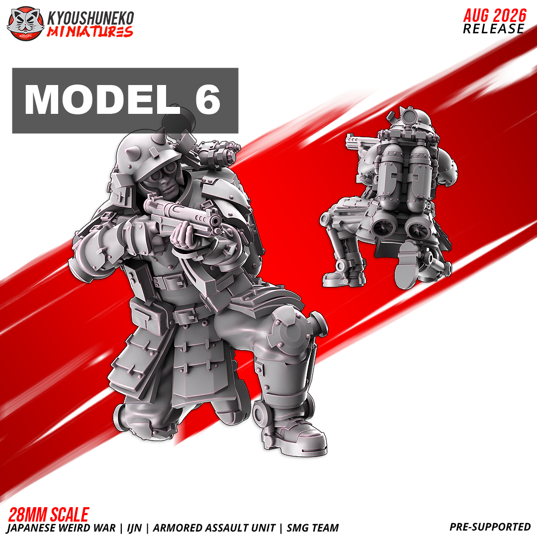 IJN Armored Assault SMG trooper, kneeling and firing, submachine gun shouldered, 28mm resin