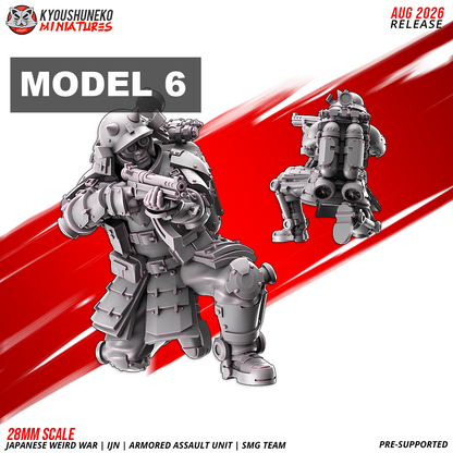 IJN Armored Assault SMG trooper, kneeling and firing, submachine gun shouldered, 28mm resin