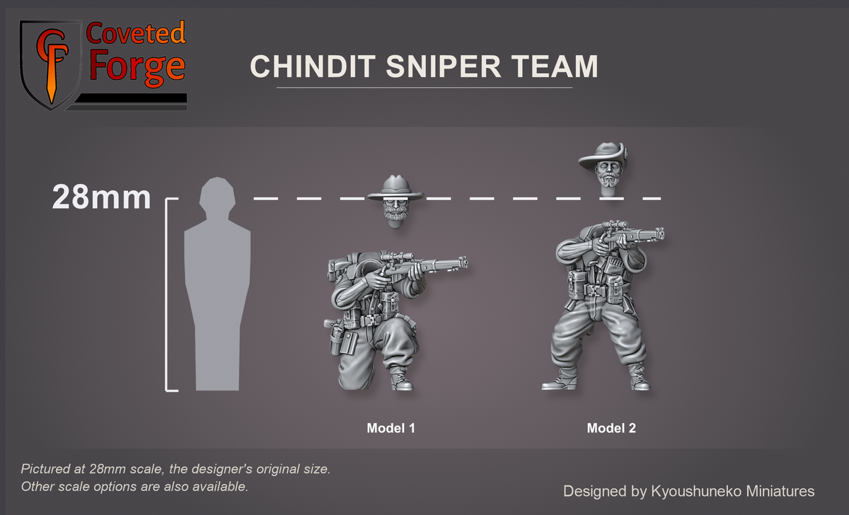 Chindit Sniper Team: Coveted Forge 28mm scale reference render, Model 1 and Model 2 beside a 28mm human silhouette, each separate slouch-hat head shown floating just above its body; also offered from 15mm to 54mm.