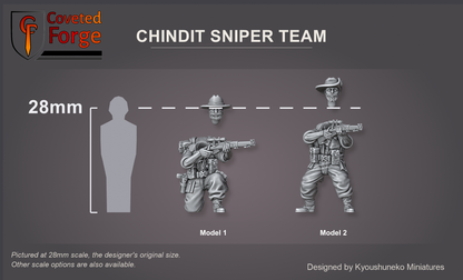 Chindit Sniper Team: Coveted Forge 28mm scale reference render, Model 1 and Model 2 beside a 28mm human silhouette, each separate slouch-hat head shown floating just above its body; also offered from 15mm to 54mm.