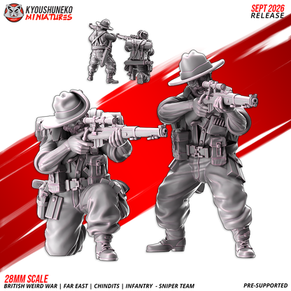 British WW2 Far East Chindit sniper team, two resin miniatures with scoped rifles and slouch hats by Kyoushuneko.