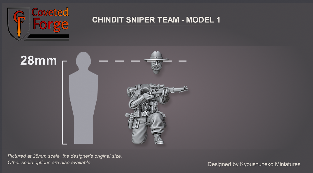 Chindit Sniper Team, Model 1: Coveted Forge render of this figure at 28mm beside a 28mm human silhouette, separate head shown floating just above the body.