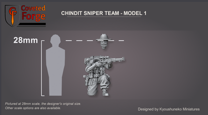 Chindit Sniper Team, Model 1: Coveted Forge render of this figure at 28mm beside a 28mm human silhouette, separate head shown floating just above the body.