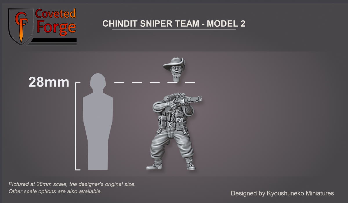 Chindit Sniper Team, Model 2: Coveted Forge render of this figure at 28mm beside a 28mm human silhouette, separate head shown floating just above the body.