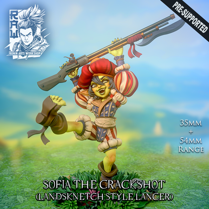 Sofia the Crackshot, female goblin Landsknecht arquebusier miniature in colour, designer render by Ronin Arts Workshop.