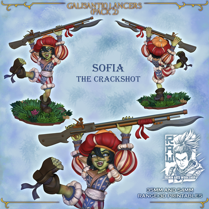 Sofia the Crackshot, front, back and close-up views, Galisantio Lancers pack 2, designer render.