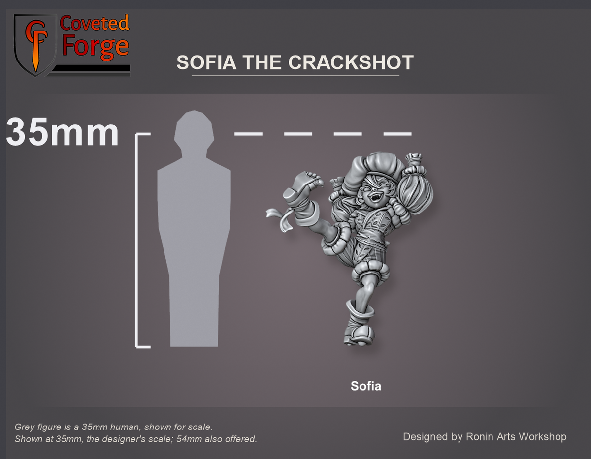 Coveted Forge scale reference: Sofia the Crackshot at 35mm scale beside a 35mm human silhouette; also offered at 54mm.