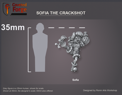 Coveted Forge scale reference: Sofia the Crackshot at 35mm scale beside a 35mm human silhouette; also offered at 54mm.