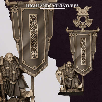 Son of Marduk Battle Standard Bearer, Chaos Dwarf command miniature with lamassu banner, 32mm resin by Highlands Miniatures