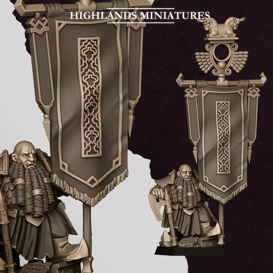 Son of Marduk Battle Standard Bearer, Chaos Dwarf command miniature with lamassu banner, 32mm resin by Highlands Miniatures