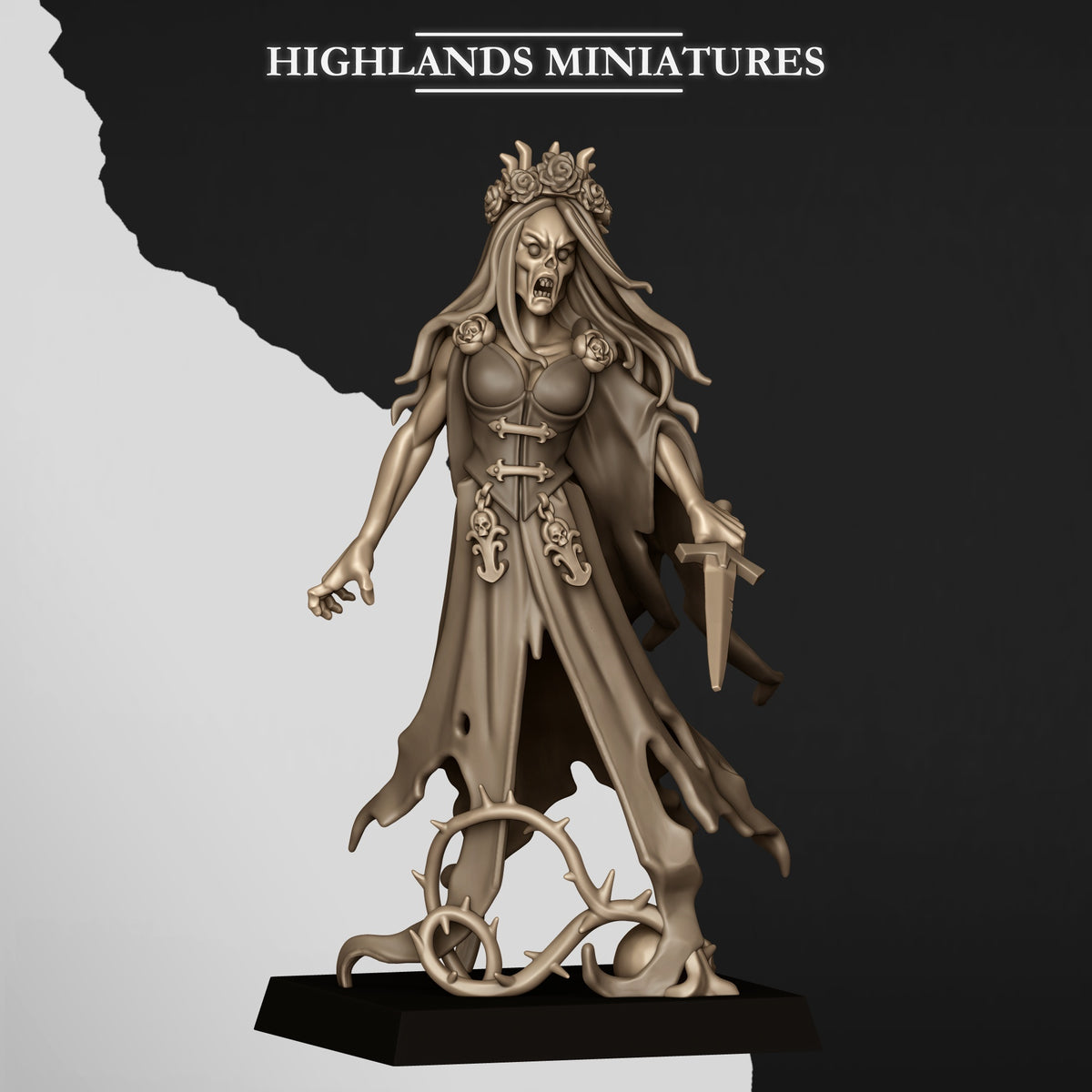 Sorrow Banshees, Sorrow Banshee 1, female undead banshee with a rose crown and dagger, front view, resin miniature by Highlands Miniatures