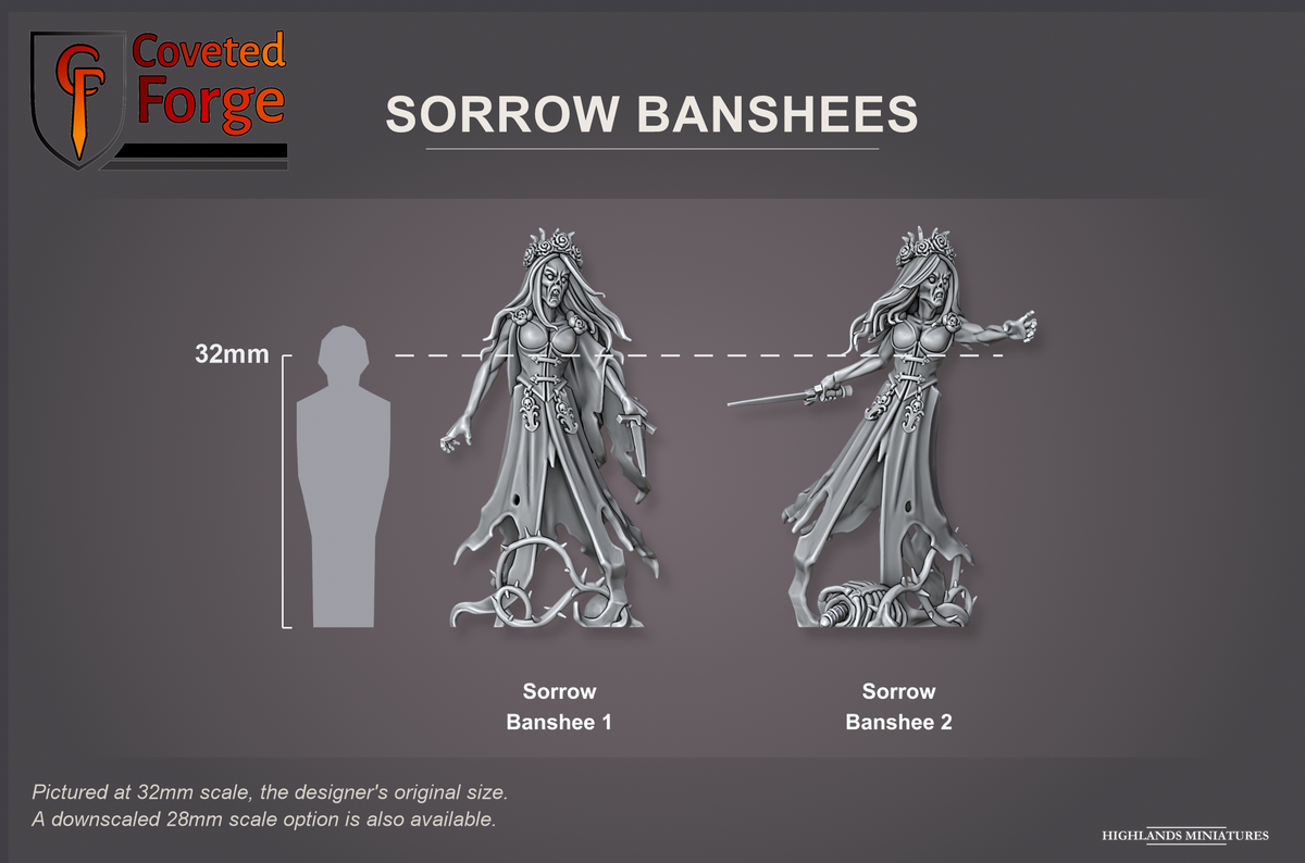 Coveted Forge scale reference: Sorrow Banshee 1 and Sorrow Banshee 2, front three-quarter view, both models of the set side by side beside a 32mm human silhouette; pictured at 32mm, the original scale, a downscaled 28mm option is also available