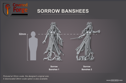 Coveted Forge scale reference: Sorrow Banshee 1 and Sorrow Banshee 2, front three-quarter view, both models of the set side by side beside a 32mm human silhouette; pictured at 32mm, the original scale, a downscaled 28mm option is also available