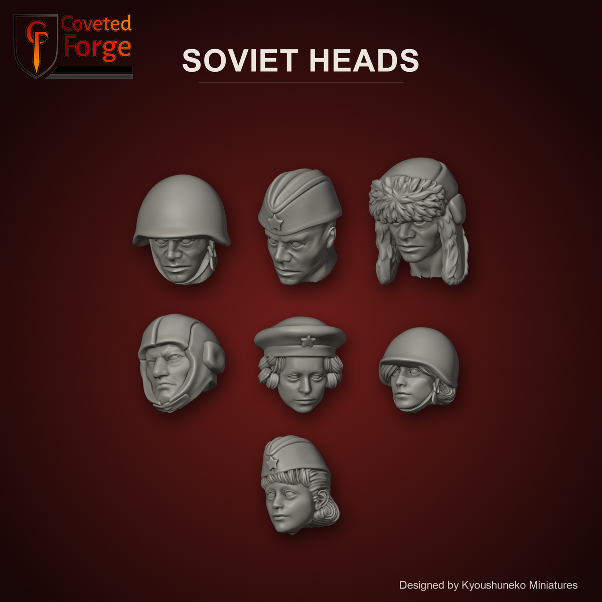 Soviet Heads by Kyoushuneko Miniatures: one head from each of the 7 styles (Infantry (Steel Helmets), Infantry (Side Caps), Aerosan Crew (Ushanka), Paratroopers, War Maidens Rifle, War Maidens SMG and War Maidens Assault Rifle) in warm clay on a dark deep red backdrop, unpainted 3D-printed resin heads with neck pegs for 28mm, 32mm and 35mm conversions.