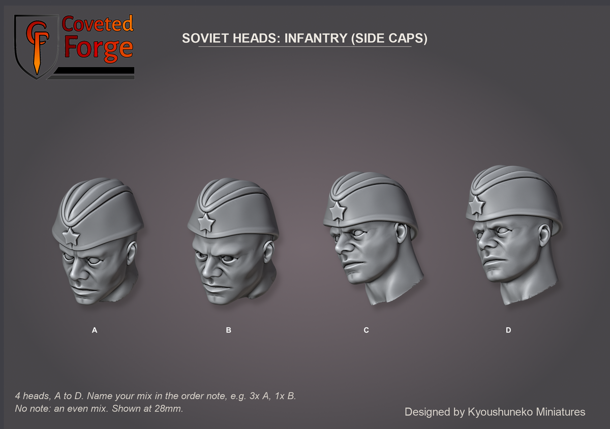 Coveted Forge bits sheet: Heads, Soviet Heads Infantry (Side Caps) style guide, 4 different heads lettered A to D to name in the order note, shown at 28mm, resin heads by Kyoushuneko Miniatures.