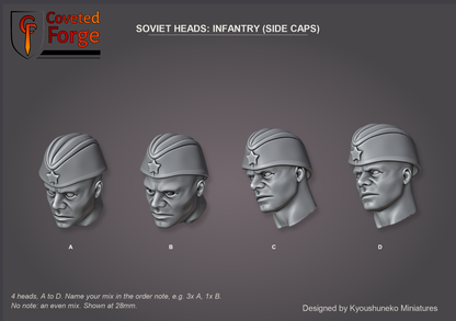 Coveted Forge bits sheet: Heads, Soviet Heads Infantry (Side Caps) style guide, 4 different heads lettered A to D to name in the order note, shown at 28mm, resin heads by Kyoushuneko Miniatures.