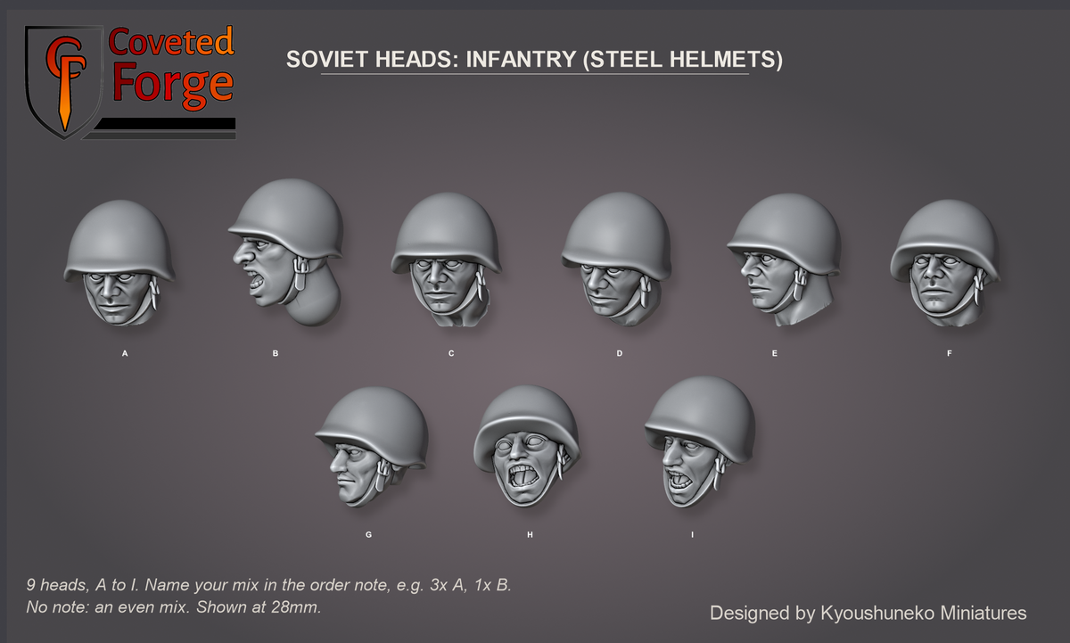 Coveted Forge bits sheet: Heads, Soviet Heads Infantry (Steel Helmets) style guide, 9 different heads lettered A to I to name in the order note, shown at 28mm, resin heads by Kyoushuneko Miniatures.