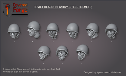 Coveted Forge bits sheet: Heads, Soviet Heads Infantry (Steel Helmets) style guide, 9 different heads lettered A to I to name in the order note, shown at 28mm, resin heads by Kyoushuneko Miniatures.