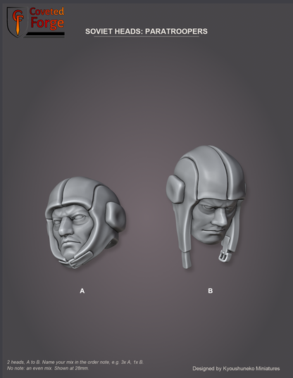 Coveted Forge bits sheet: Heads, Soviet Heads Paratroopers style guide, 2 different heads lettered A to B to name in the order note, shown at 28mm, resin heads by Kyoushuneko Miniatures.