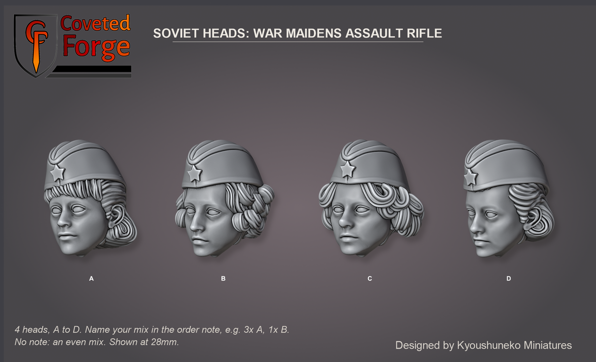 Coveted Forge bits sheet: Heads, Soviet Heads War Maidens Assault Rifle style guide, 4 different heads lettered A to D to name in the order note, shown at 28mm, resin heads by Kyoushuneko Miniatures.