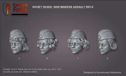 Coveted Forge bits sheet: Heads, Soviet Heads War Maidens Assault Rifle style guide, 4 different heads lettered A to D to name in the order note, shown at 28mm, resin heads by Kyoushuneko Miniatures.
