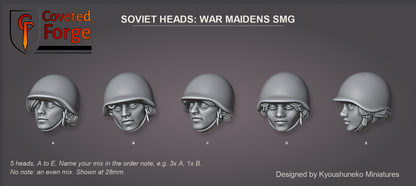 Coveted Forge bits sheet: Heads, Soviet Heads War Maidens SMG style guide, 5 different heads lettered A to E to name in the order note, shown at 28mm, resin heads by Kyoushuneko Miniatures.