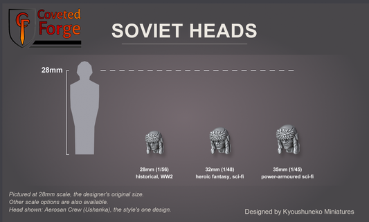 Coveted Forge scale reference: one Soviet Aerosan Crew (Ushanka) head, that style's one head design, at 28mm, 32mm and 35mm scale beside a 28mm human silhouette, front three-quarter view, each scale labelled with the ranges it suits; 28mm is the designer's original size, upscaled 32mm and 35mm options are also available; every head style is the same scale.