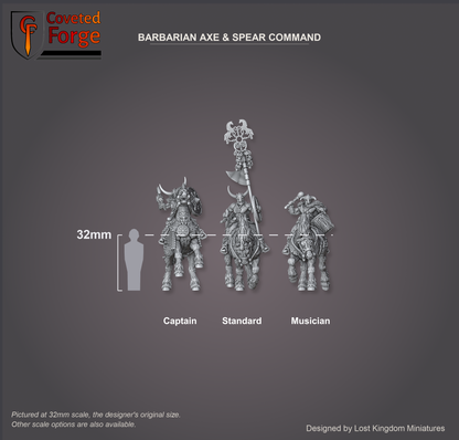Barbarian axe and spear command group (captain, musician, standard bearer) shown to scale, sold as a separate listing