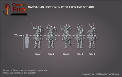 Scale reference render of the five barbarian axe and spear cavalry beside a 32mm human silhouette