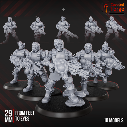 Render of Diseased PG Gunners | 32mm Sci-Fi Plague Renegade Guard Proxy: Mutated renegade-guard infantry bloated with plague. 3D printed resin miniatures, used as a proxy for diseased traitor guard in grimdark sci-fi.