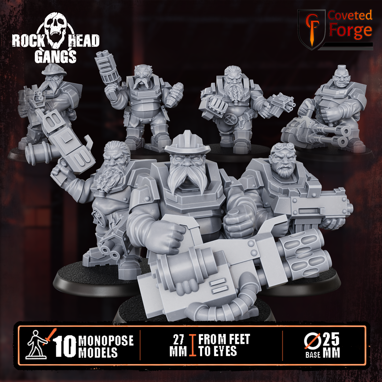 Render of Black Mountain Diggers Gang | 32mm Squat Miner Sci-Fi Proxy: A gang of 10 sci-fi dwarf miners with autoguns, heavy weapons, and mining tools. 3D printed resin, used as a Leagues of Votann or squat gang proxy.