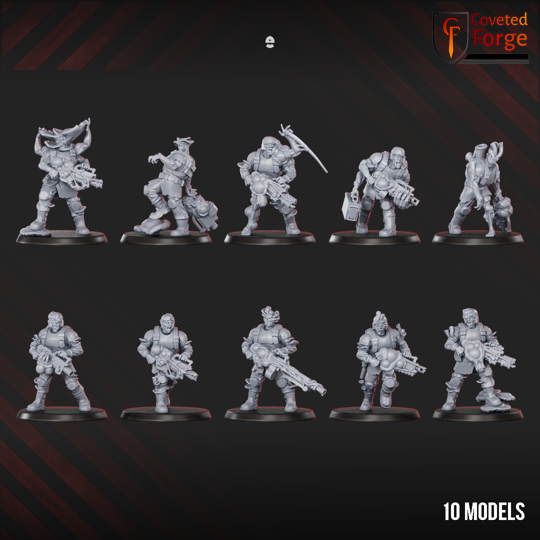 Render of Diseased PG Gunners | 32mm Sci-Fi Plague Renegade Guard Proxy: Mutated renegade-guard infantry bloated with plague. 3D printed resin miniatures, used as a proxy for diseased traitor guard in grimdark sci-fi.