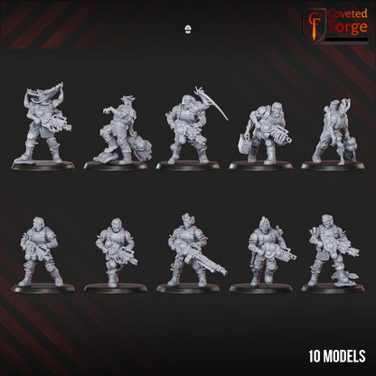 Render of Diseased PG Gunners | 32mm Sci-Fi Plague Renegade Guard Proxy: Mutated renegade-guard infantry bloated with plague. 3D printed resin miniatures, used as a proxy for diseased traitor guard in grimdark sci-fi.
