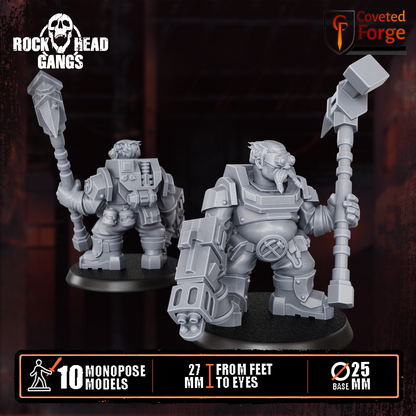 Render of Black Mountain Diggers Gang | 32mm Squat Miner Sci-Fi Proxy: A gang of 10 sci-fi dwarf miners with autoguns, heavy weapons, and mining tools. 3D printed resin, used as a Leagues of Votann or squat gang proxy.