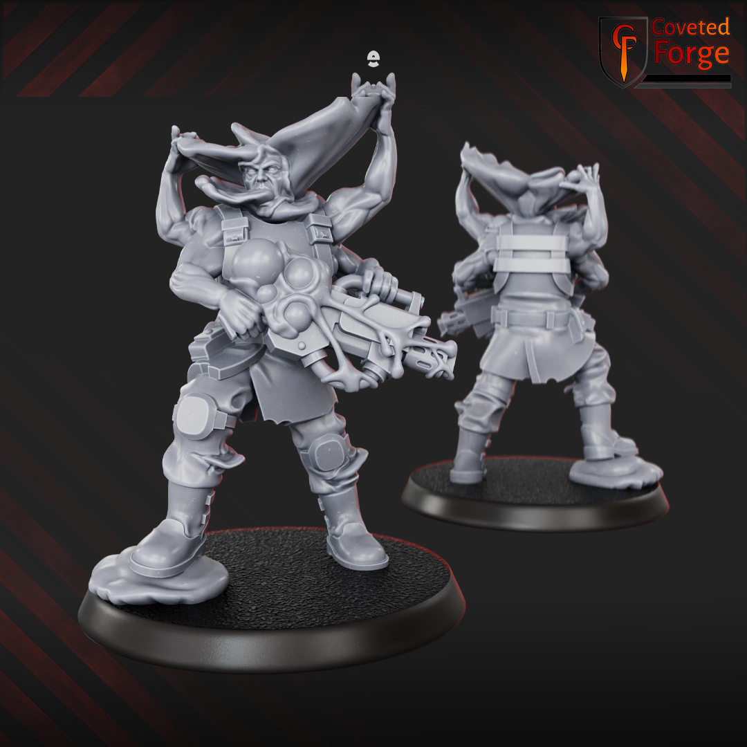 Render of Diseased PG Gunners | 32mm Sci-Fi Plague Renegade Guard Proxy: Mutated renegade-guard infantry bloated with plague. 3D printed resin miniatures, used as a proxy for diseased traitor guard in grimdark sci-fi.