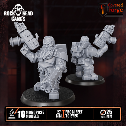 Render of Black Mountain Diggers Gang | 32mm Squat Miner Sci-Fi Proxy: A gang of 10 sci-fi dwarf miners with autoguns, heavy weapons, and mining tools. 3D printed resin, used as a Leagues of Votann or squat gang proxy.