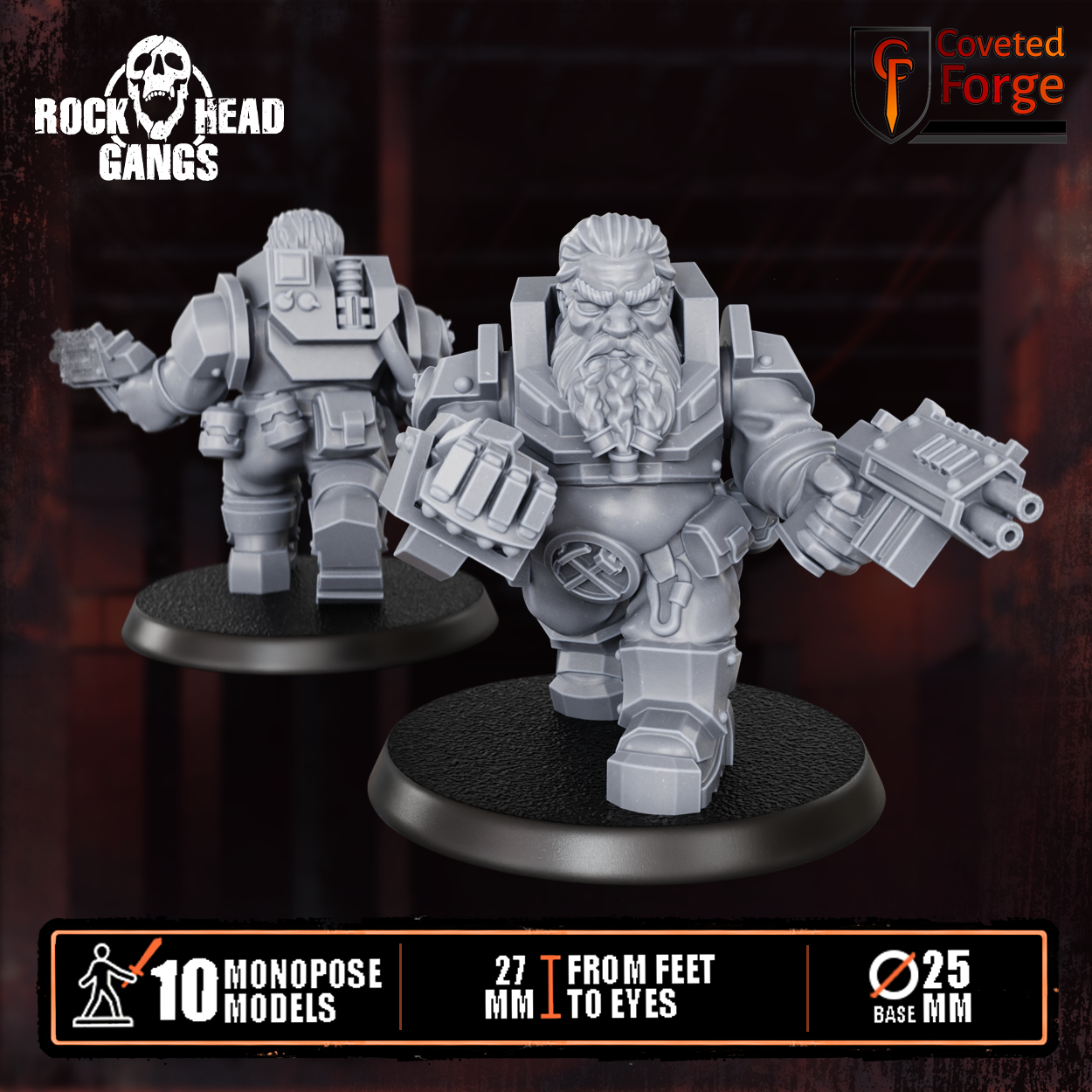 Render of Black Mountain Diggers Gang | 32mm Squat Miner Sci-Fi Proxy: A gang of 10 sci-fi dwarf miners with autoguns, heavy weapons, and mining tools. 3D printed resin, used as a Leagues of Votann or squat gang proxy.