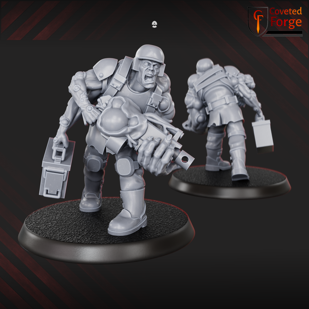 Render of Diseased PG Gunners | 32mm Sci-Fi Plague Renegade Guard Proxy: Mutated renegade-guard infantry bloated with plague. 3D printed resin miniatures, used as a proxy for diseased traitor guard in grimdark sci-fi.