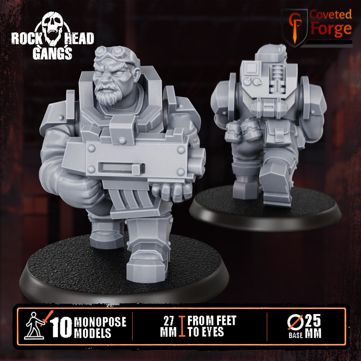 Render of Black Mountain Diggers Gang | 32mm Squat Miner Sci-Fi Proxy: A gang of 10 sci-fi dwarf miners with autoguns, heavy weapons, and mining tools. 3D printed resin, used as a Leagues of Votann or squat gang proxy.