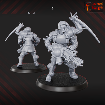 Render of Diseased PG Gunners | 32mm Sci-Fi Plague Renegade Guard Proxy: Mutated renegade-guard infantry bloated with plague. 3D printed resin miniatures, used as a proxy for diseased traitor guard in grimdark sci-fi.