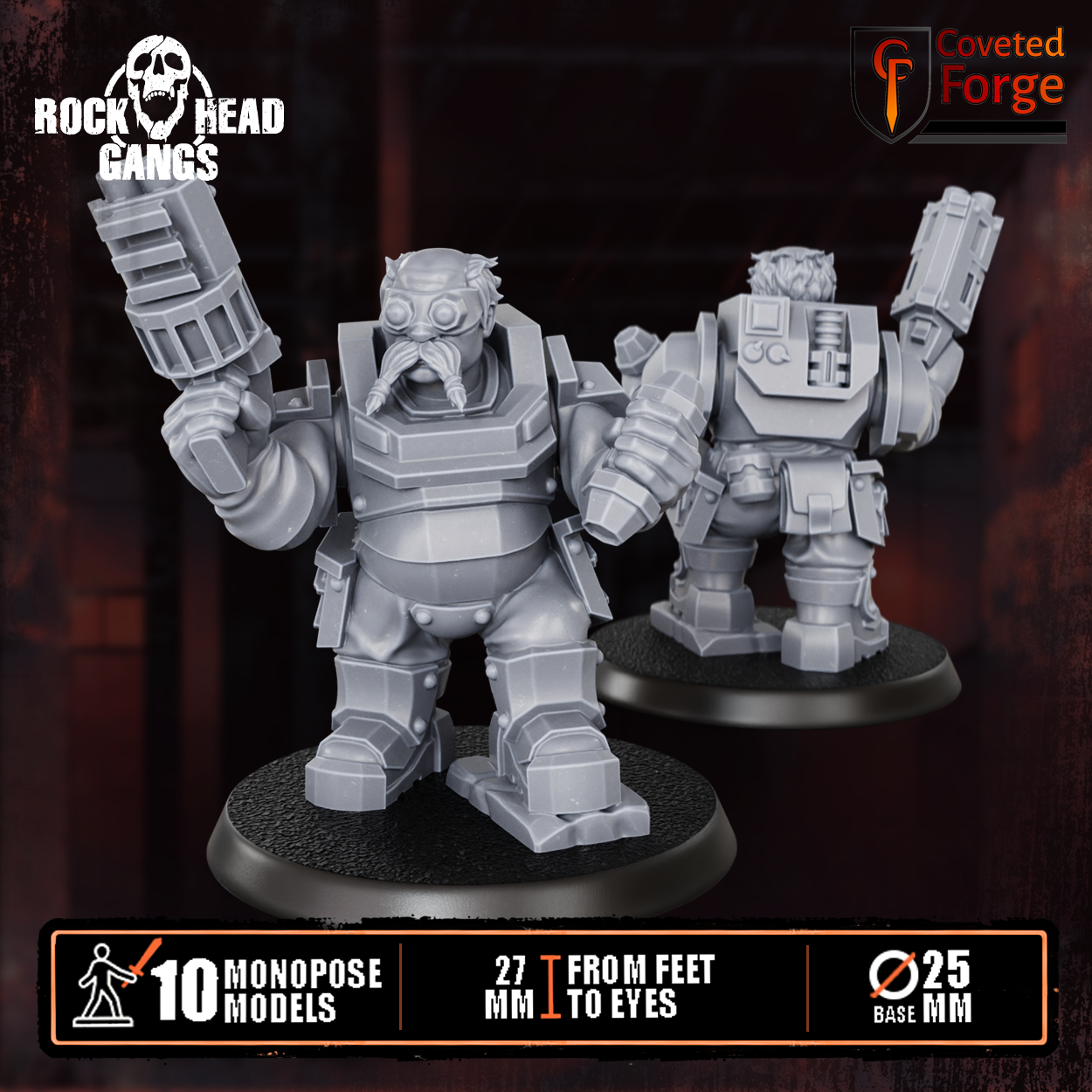 Render of Black Mountain Diggers Gang | 32mm Squat Miner Sci-Fi Proxy: A gang of 10 sci-fi dwarf miners with autoguns, heavy weapons, and mining tools. 3D printed resin, used as a Leagues of Votann or squat gang proxy.