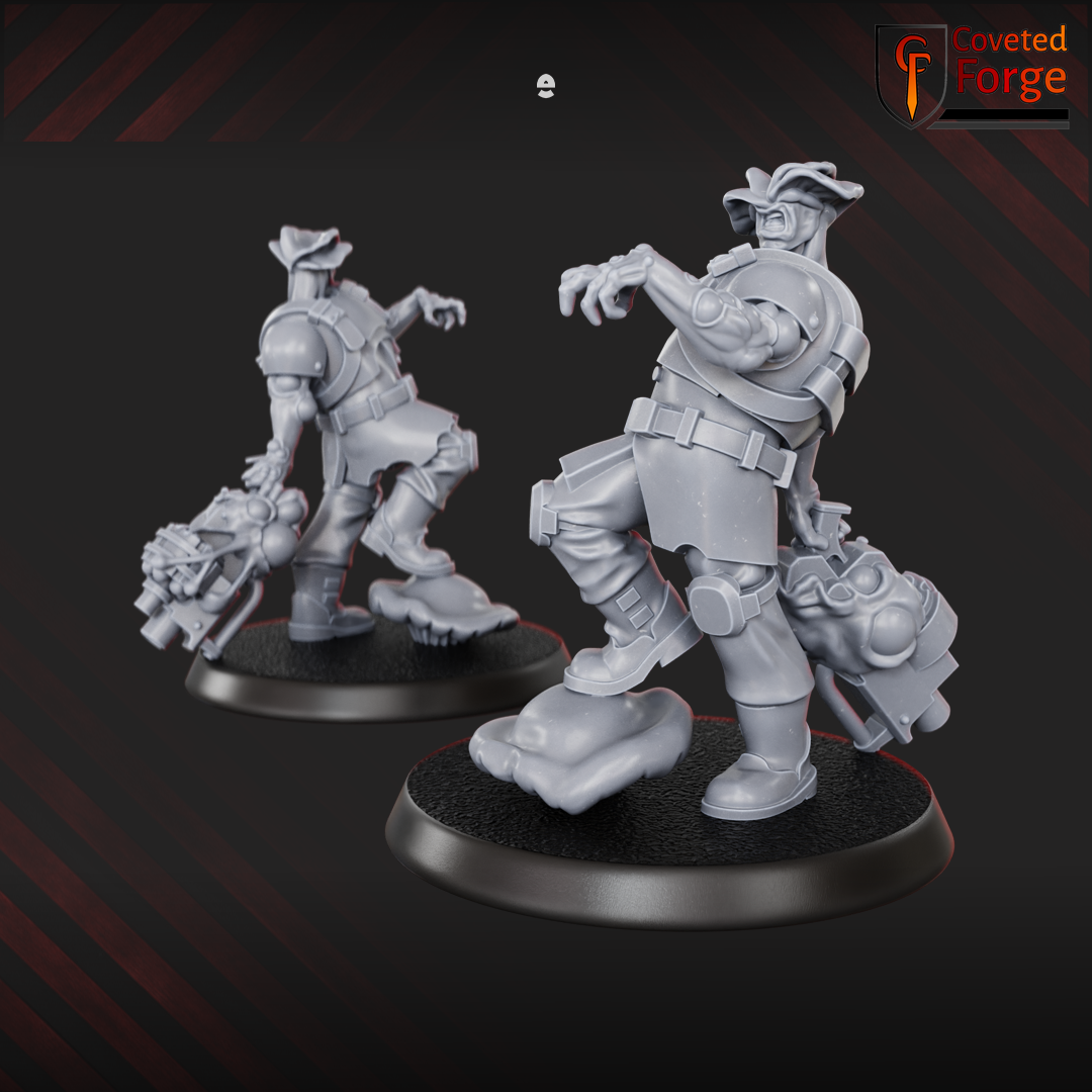 Render of Diseased PG Gunners | 32mm Sci-Fi Plague Renegade Guard Proxy: Mutated renegade-guard infantry bloated with plague. 3D printed resin miniatures, used as a proxy for diseased traitor guard in grimdark sci-fi.