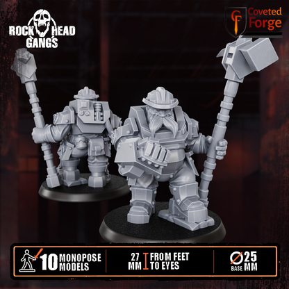 Render of Black Mountain Diggers Gang | 32mm Squat Miner Sci-Fi Proxy: A gang of 10 sci-fi dwarf miners with autoguns, heavy weapons, and mining tools. 3D printed resin, used as a Leagues of Votann or squat gang proxy.