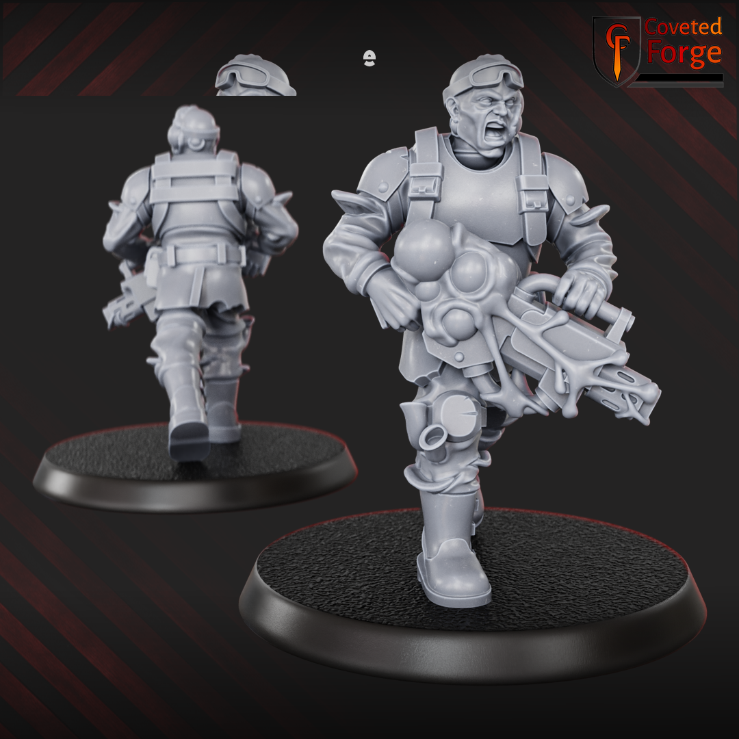 Render of Diseased PG Gunners | 32mm Sci-Fi Plague Renegade Guard Proxy: Mutated renegade-guard infantry bloated with plague. 3D printed resin miniatures, used as a proxy for diseased traitor guard in grimdark sci-fi.