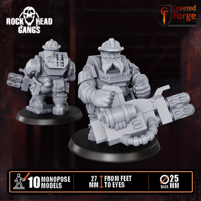 Render of Black Mountain Diggers Gang | 32mm Squat Miner Sci-Fi Proxy: A gang of 10 sci-fi dwarf miners with autoguns, heavy weapons, and mining tools. 3D printed resin, used as a Leagues of Votann or squat gang proxy.