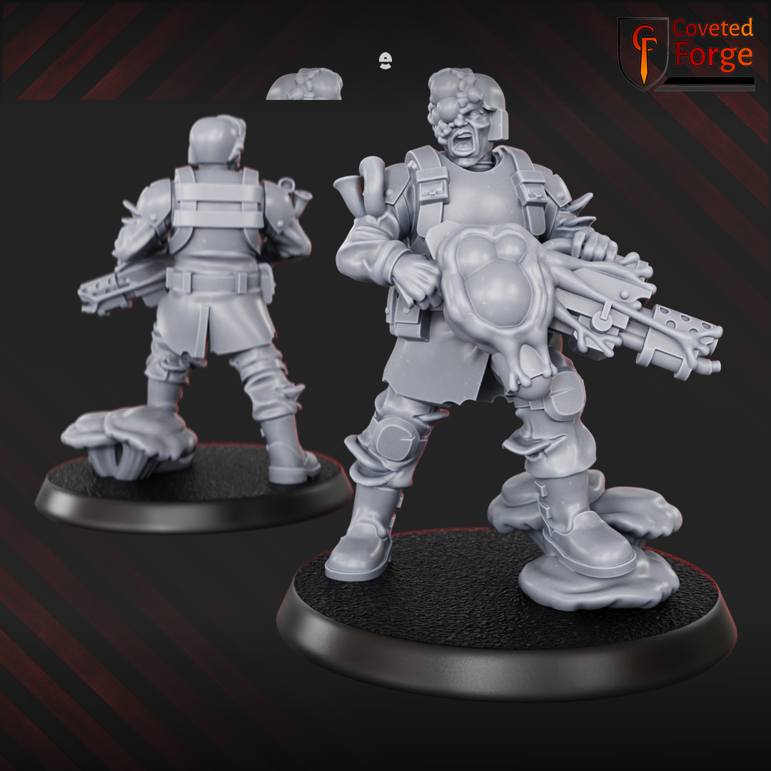 Render of Diseased PG Gunners | 32mm Sci-Fi Plague Renegade Guard Proxy: Mutated renegade-guard infantry bloated with plague. 3D printed resin miniatures, used as a proxy for diseased traitor guard in grimdark sci-fi.