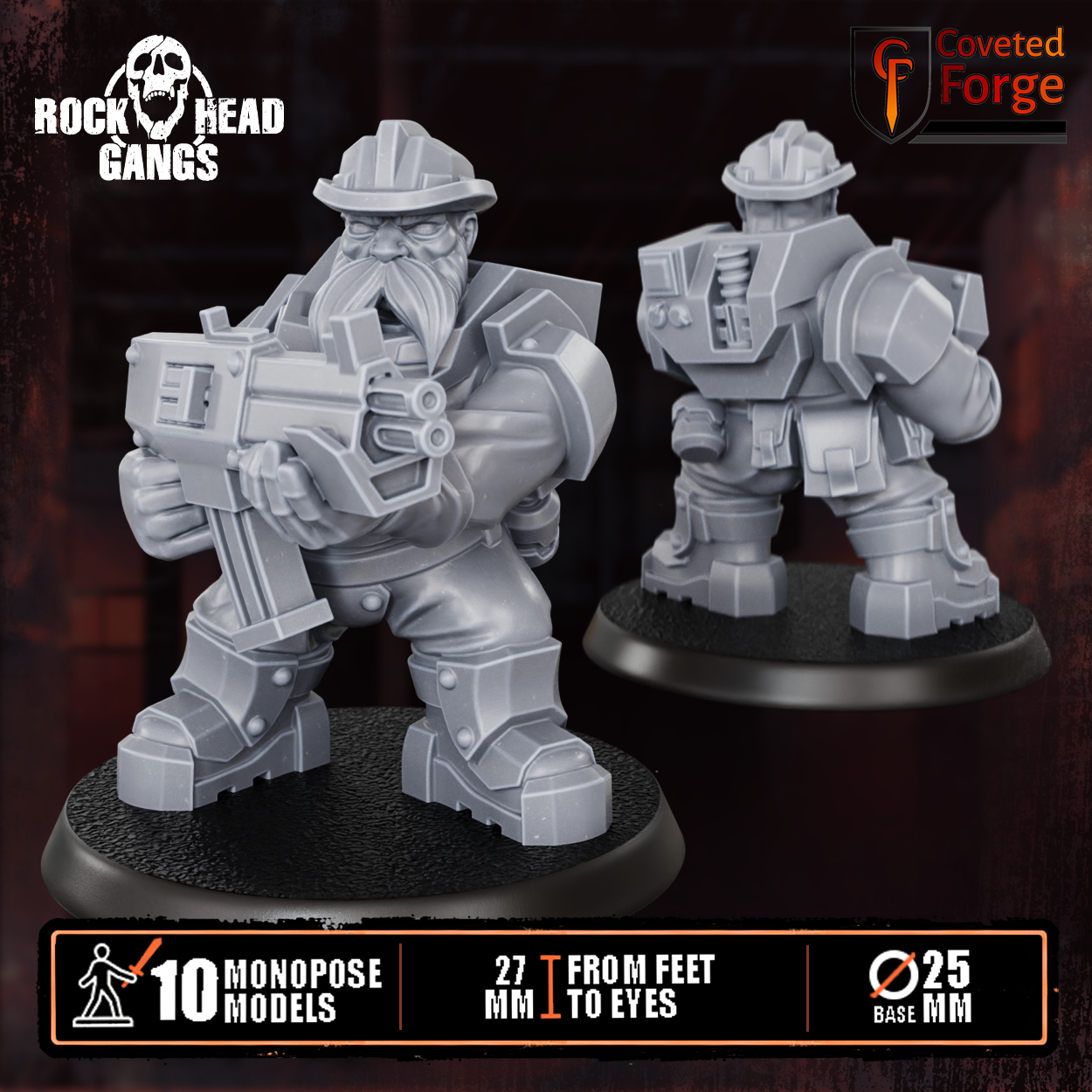 Render of Black Mountain Diggers Gang | 32mm Squat Miner Sci-Fi Proxy: A gang of 10 sci-fi dwarf miners with autoguns, heavy weapons, and mining tools. 3D printed resin, used as a Leagues of Votann or squat gang proxy.