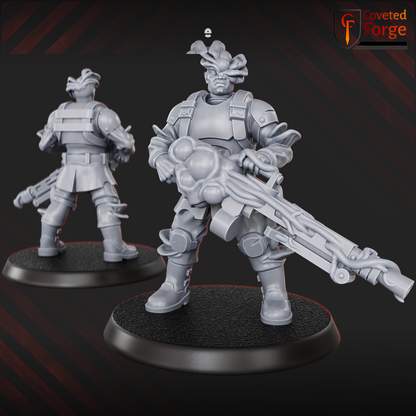 Render of Diseased PG Gunners | 32mm Sci-Fi Plague Renegade Guard Proxy: Mutated renegade-guard infantry bloated with plague. 3D printed resin miniatures, used as a proxy for diseased traitor guard in grimdark sci-fi.