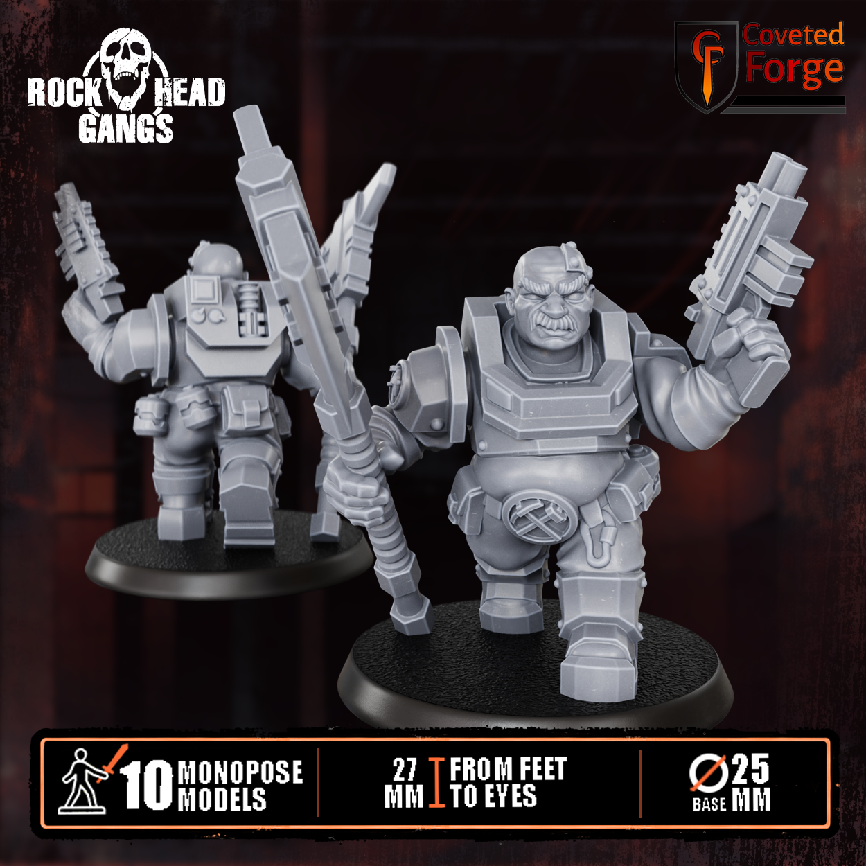 Render of Black Mountain Diggers Gang | 32mm Squat Miner Sci-Fi Proxy: A gang of 10 sci-fi dwarf miners with autoguns, heavy weapons, and mining tools. 3D printed resin, used as a Leagues of Votann or squat gang proxy.