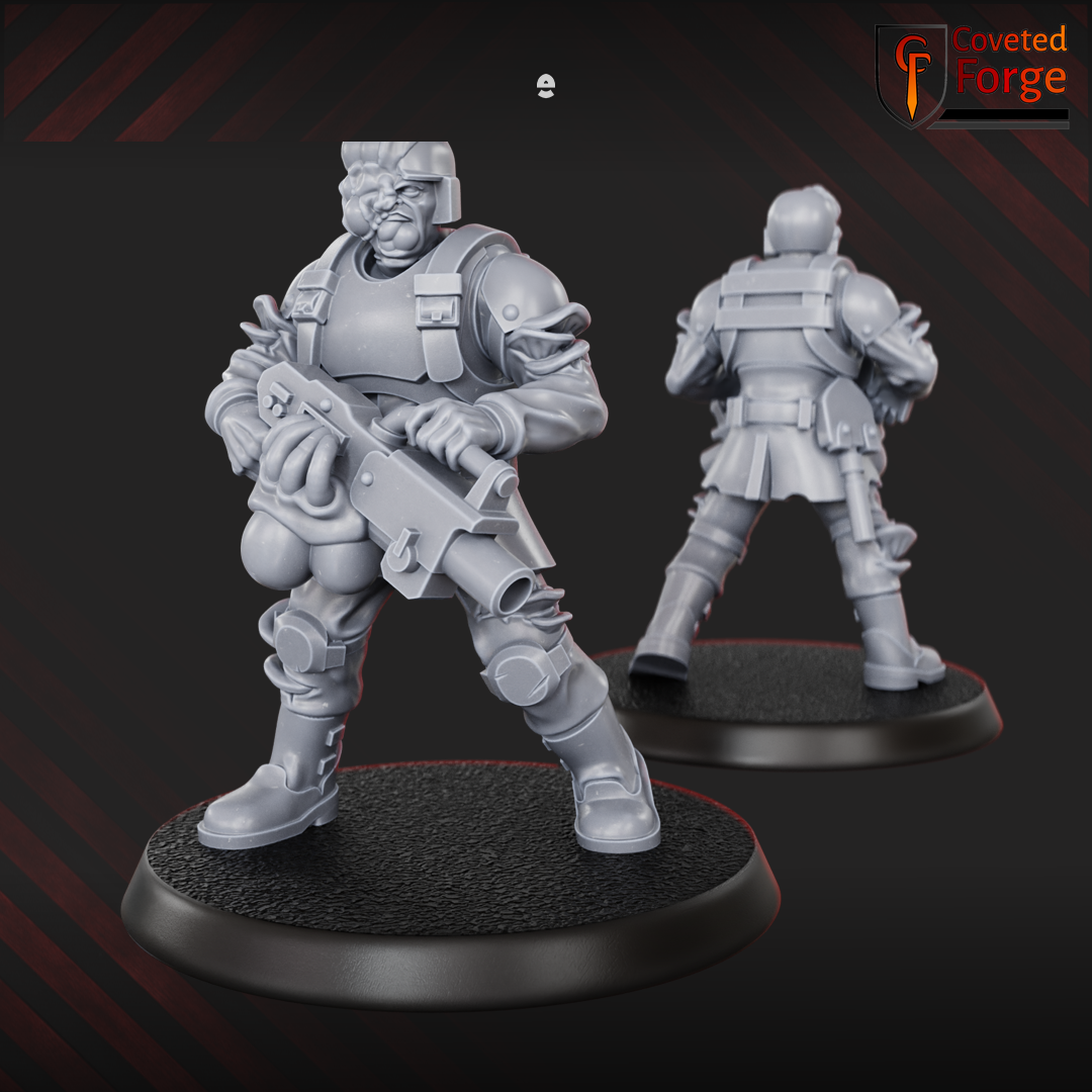 Render of Diseased PG Gunners | 32mm Sci-Fi Plague Renegade Guard Proxy: Mutated renegade-guard infantry bloated with plague. 3D printed resin miniatures, used as a proxy for diseased traitor guard in grimdark sci-fi.